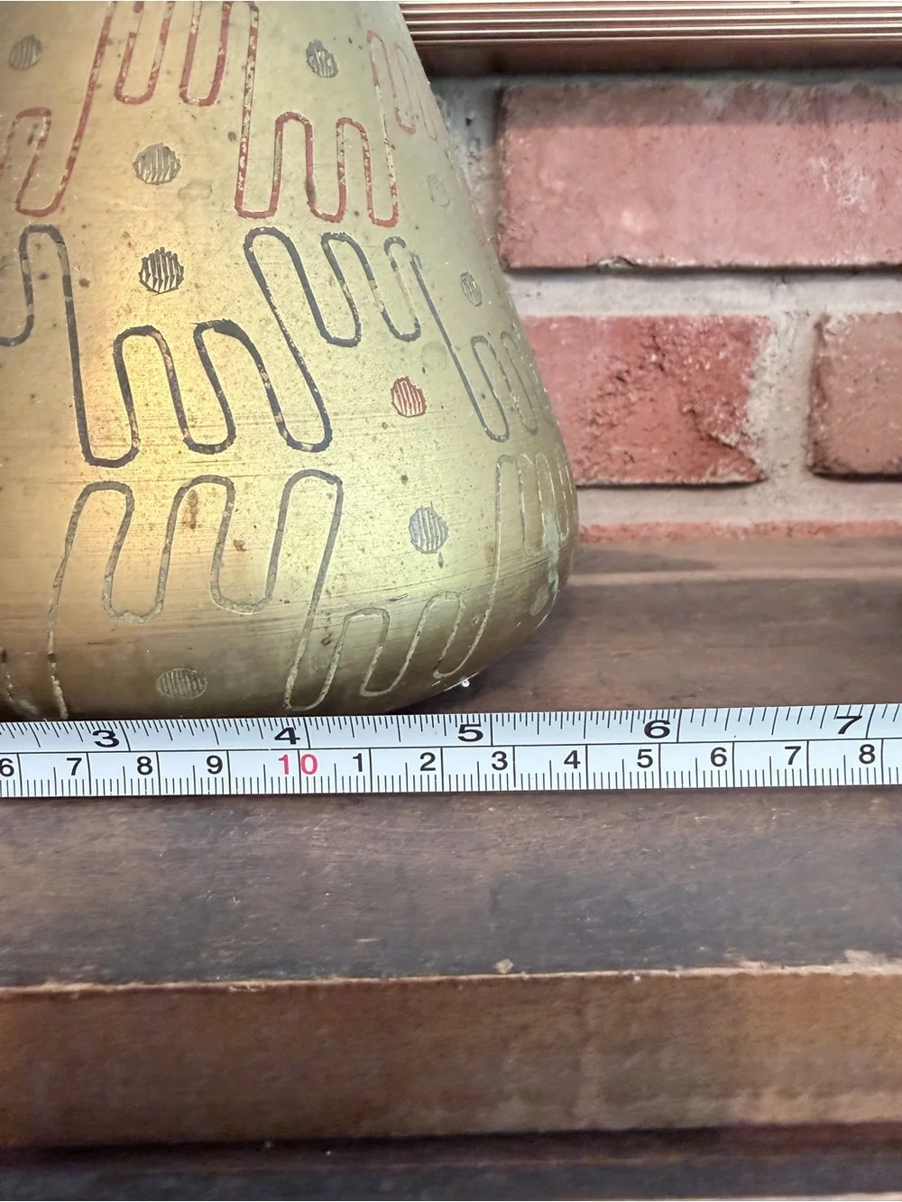 Vintage Indian Solid Brass Modernist Vase with Etched Design MCM Mod Century